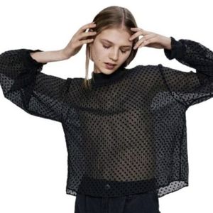 Zara Sheer Polka Dot Crinkle Mock Neck Blouse